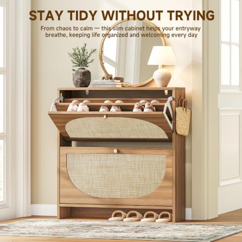 Rattan Shoe Cabinet with 2 Flip Drawers, Arched Accent Shoe Storage for Entry...