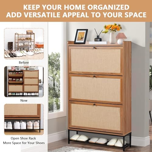 LEVNARY Shoe Cabinet for Entryway, Slim Shoe Cabinet with 3 Flip Drawers Narr...
