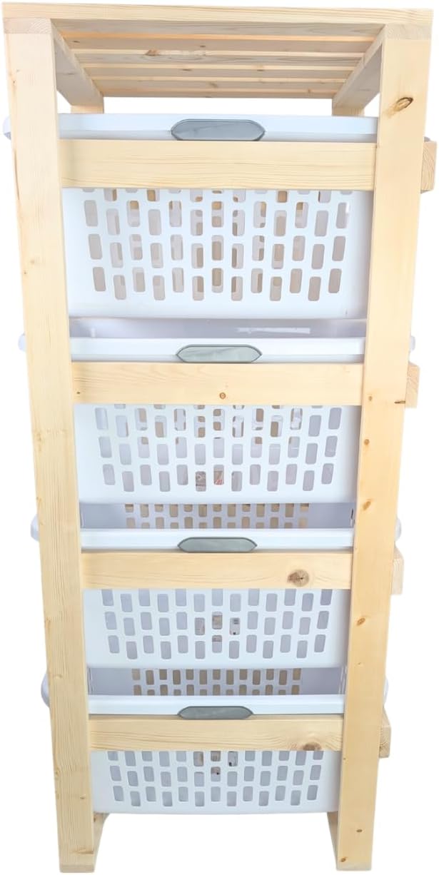 4 Tier Narrow Solid Wood Laundry Basket Storage Organizer