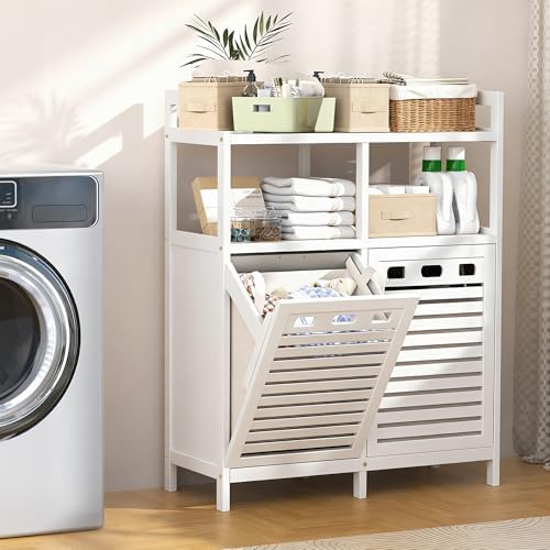 VASMIA Tilt Out Laundry Hamper Cabinet, Bamboo Double Laundry Hamper with 2 R...