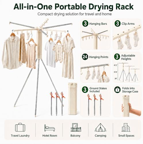 Foldable Tripod Clothes Drying Rack, 6-Pole Stand with 12 Clips