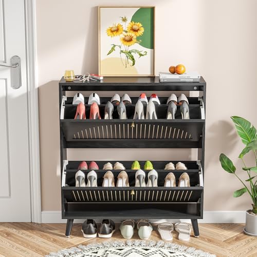 Fsbecl Shoe Storage Cabinet for Entryway with 2 Fluted Flip Drawers,Black
