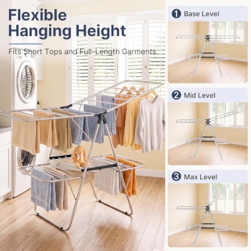 Stainless Steel 2-Tier Foldable Clothes Drying Rack, 57 Inches Max Height