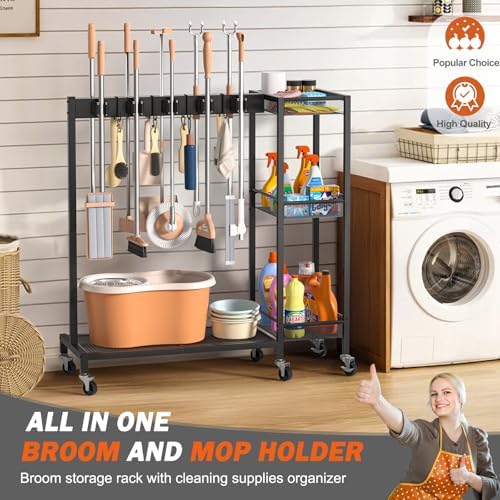 Broom Holder with Cleaning Supplies Organizer, Broom Closet Storage Cabinet w...
