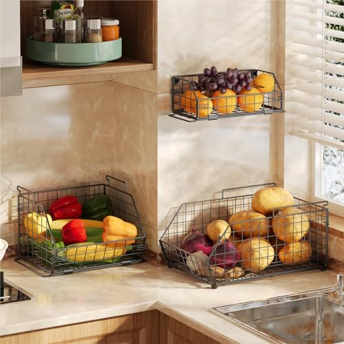 3-Tier Fruit Basket for Kitchen Counter, Stackable Wire Baskets Wall, Potato ...