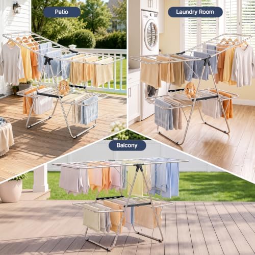 Stainless Steel 2-Tier Foldable Clothes Drying Rack, 57 Inches Max Height