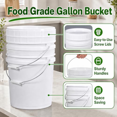 METAPACK 5 Gallon Bucket with Lid, Food Grade BPA Free Plastic, Heavy Duty wi...