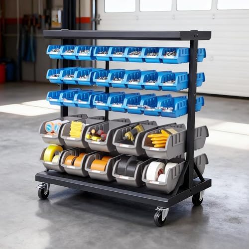 VEVOR 5-Tier Double-Sided Rolling Bin Storage Rack, 68 Plastic Bins, Dual-Sid...