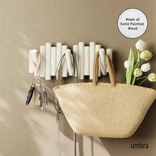 Umbra Picket Coat Rack, Wall Mount 5 Flip-Down Coat Hooks, White