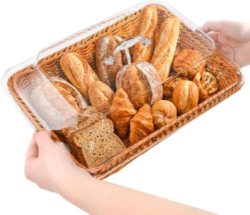 DEAYOU 2 Pack Imitation Rattan Bread Basket with Lid, Woven Tabletop Food Ser...