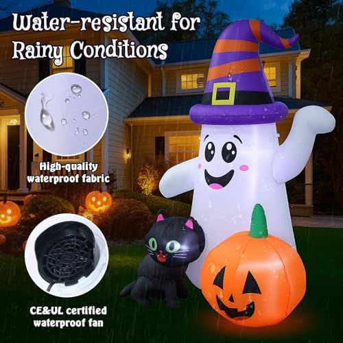 5FT Cute Halloween Inflatables Ghost, Blow Up Wizard Ghost with Pumpkin Black...