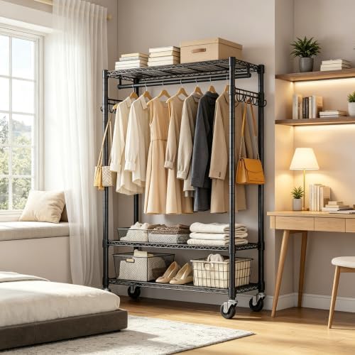 Heavy Duty Garment Rack with Lockable Wheels, 1050lbs Rolling Clothing Rack 3...