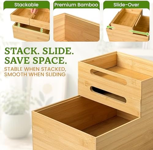 HOMESTEAD 3-Piece Stackable Bamboo Storage Box, Large Storage Bin, Wooden Box...