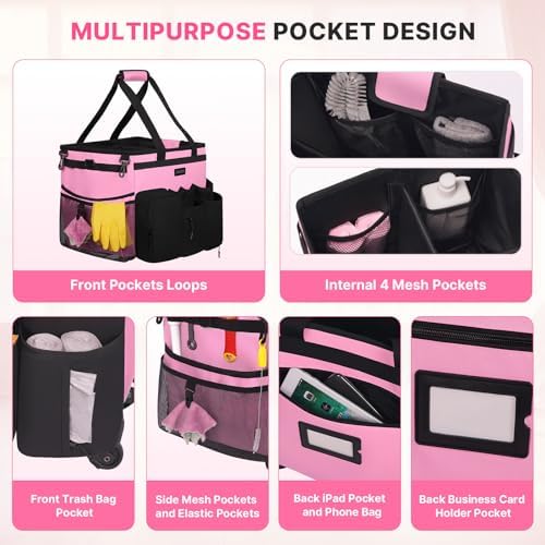 JKAOO Large Rolling Cleaning Caddy Bag with Detachable Trolley, Pink