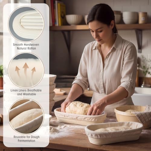 Vesici 14 Inches Baguette Banneton Proofing Basket 6 Pack with Linen Liner Ba...