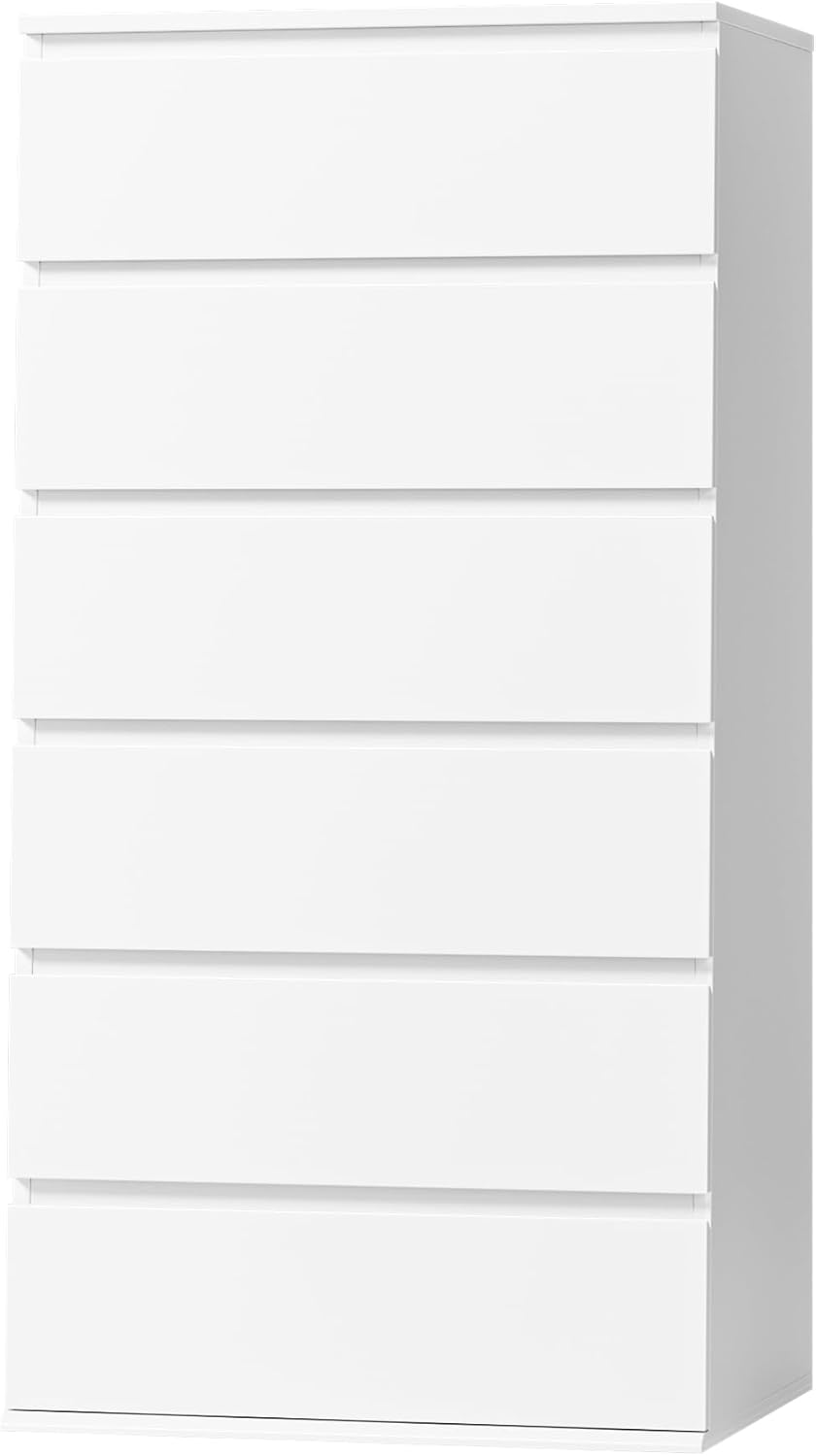 FOTOSOK White Dresser, 6 Drawer Dresser with Handleless Drawer Cabinet