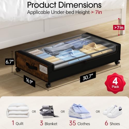Yecaye Under Bed Storage with Wheels, 4 Pack Under Bed Storage Containers, Un...