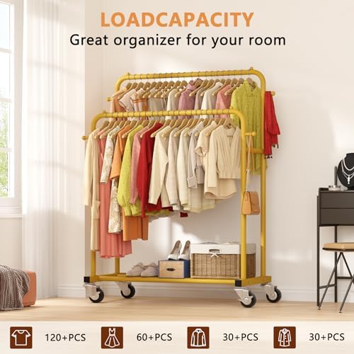 Laiensia Double Rods Garment Rack with Wheels, Clothing Rack for Hanging Clot...