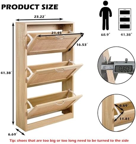 Rattan Shoe Storage Cabinet with 3 Flip Drawers