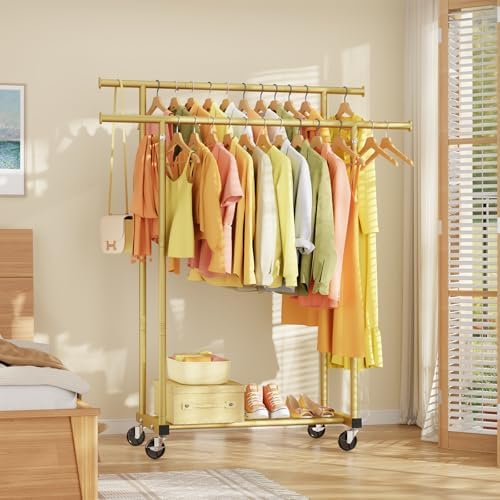HYSEYY Double Rods Clothes Rack, Sturdy Rolling Clothing Rack, Portable Cloth...