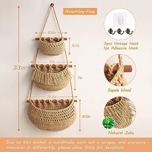 3 Tier Hanging Fruit Baskets for Kitchen, Handmade Jute Organizer
