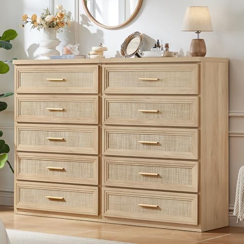 RWYHG Rattan Dresser for Bedroom 5 Drawer 45" Tall with Gold Handle