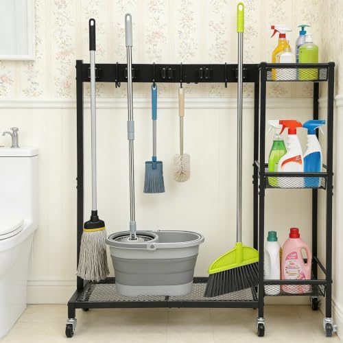 Broom Holder with Cleaning Supplies Organizer, Freestanding, Black