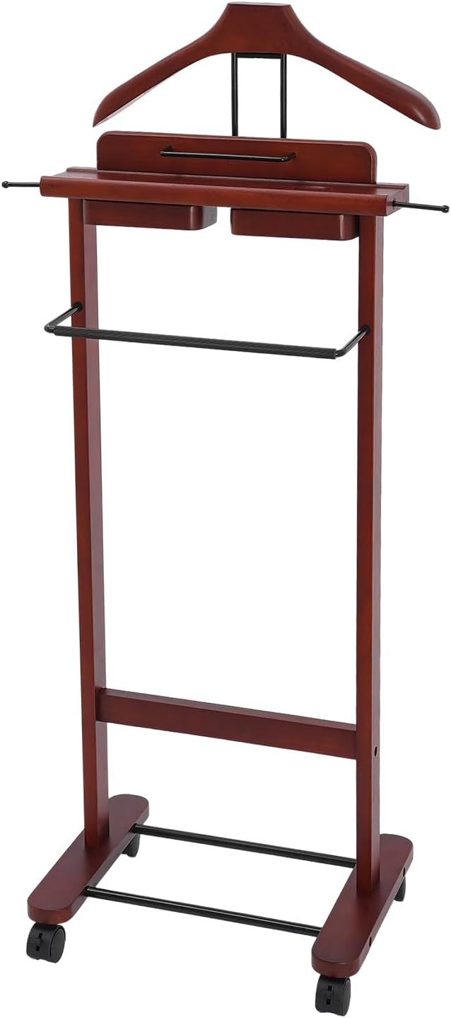 Valet Stand with Wheels and Top Tray, Wood Mens Suit Valet Stand with Shoe Sh...