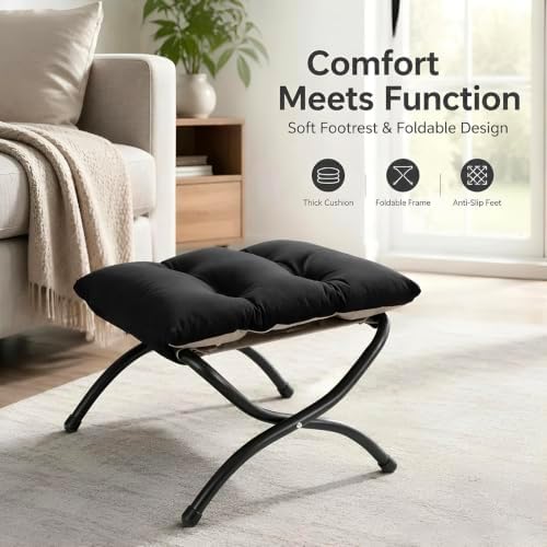 15" Upholstered Folding Foot Rest Stool with Foldable Metal Frame Black