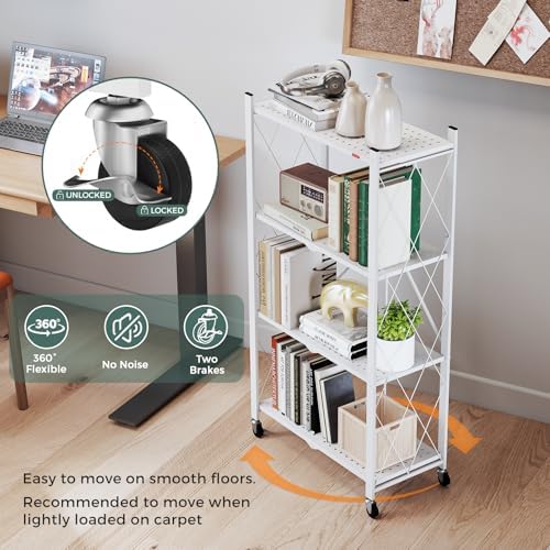 DEANIC 4 Tier Foldable Storage Shelves with Wheels, Large Capacity Shelving U...