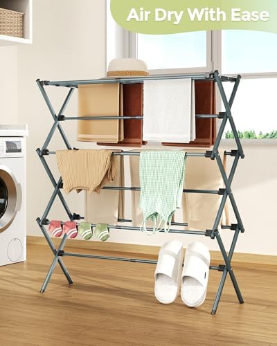 APEXCHASER 3-Tier Foldable Clothes Drying Rack, 37.6" H, Navy Blue