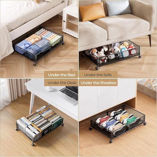 Yecaye Under Bed Storage with Wheels, 2 Pack Under Bed Shoe Storage, Black