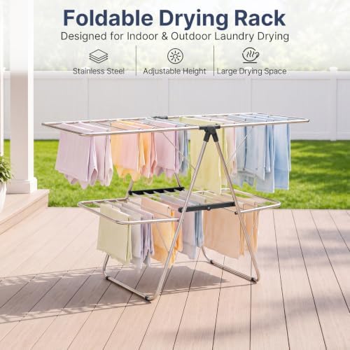 Stainless Steel 2-Tier Foldable Clothes Drying Rack, 57 Inches Max Height