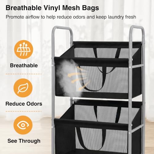 STO STO 3-Tier Vertical Rolling Laundry Hamper, Removable Bags, Black Mesh