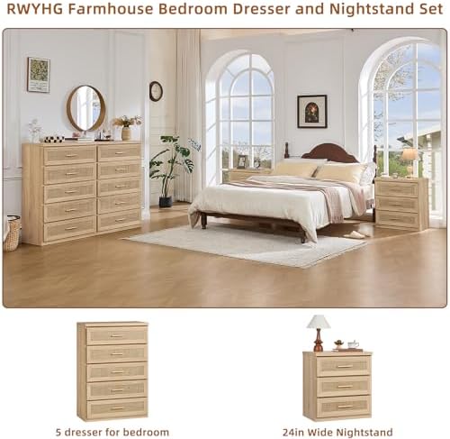 RWYHG Rattan Dresser for Bedroom 5 Drawer 45" Tall with Gold Handle