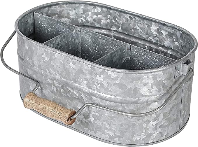Goroly Home Galvanized Metal Caddy Storage Bin with Wooden Handle, 4 Compartm...
