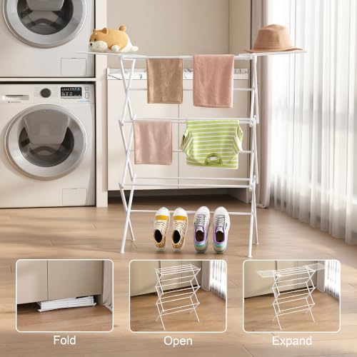 BUKFEN Expandable Clothes Drying Rack with Hook Bar, 3-Tier, Camping