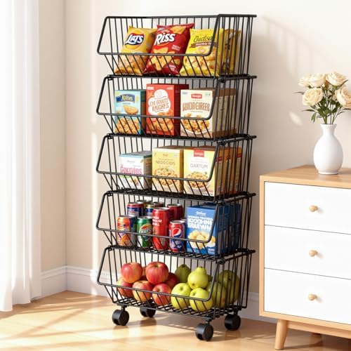 Wire Baskets Organization with Rollers for Kitchen and Home Storage, Vegetabl...