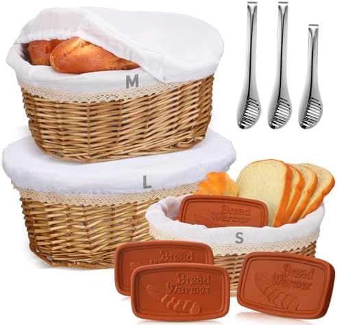 Havawish 3 Pack Wicker Bread Baskets with Warmer Stones for Home Kitchen