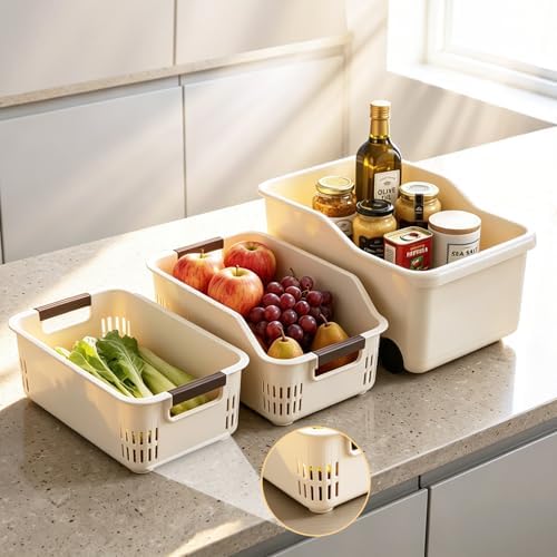 3 Pack PP Organizer with Wheeled Storage box for Kitchen Cabinet Bin