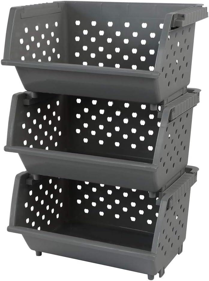 Begale 3-Pack Gray Plastic Stackable Detachable Storage Bin