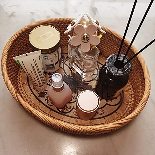 12 Inch Oval Rattan Basket with Painting Wooden Bottom, Wicker Basket Bowl wi...