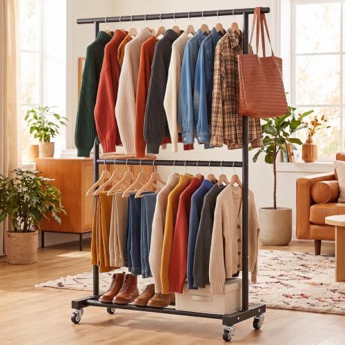 Sywhitta Double Rod Metal Clothing Garment Rack on Wheels, Black