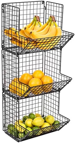 Sorbus Hanging Fruit Basket Wall Mounted Wire Metal Bins - 3 Tier Storage Bas...