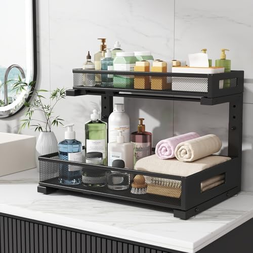 2 Pack 17IN Depth Under Sink Storage Organizer, Large 2-Tier Elegant Mesh Pul...