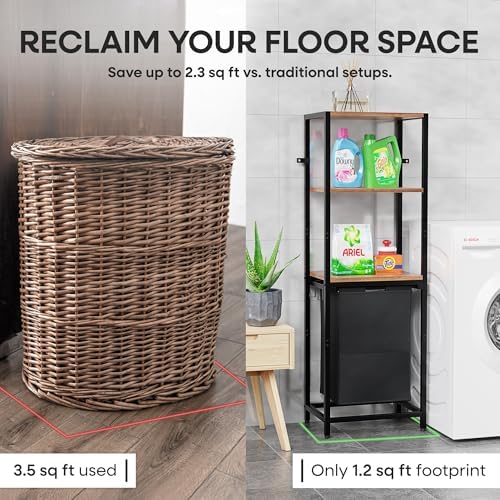 Tilt-Out Laundry Hamper with Shelf – 3 Tier Laundry Organizer with Waterproof...