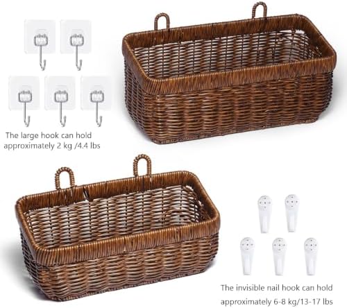 Wicker Wall Baskets Set of 2, Decorative Hanging Organizer for Kitchen, Livin...