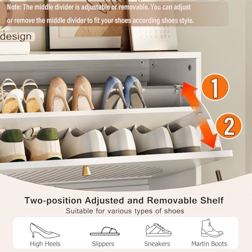 Fsbecl Shoe Storage Cabinet for Entryway with 2 Fluted Flip Drawers, White