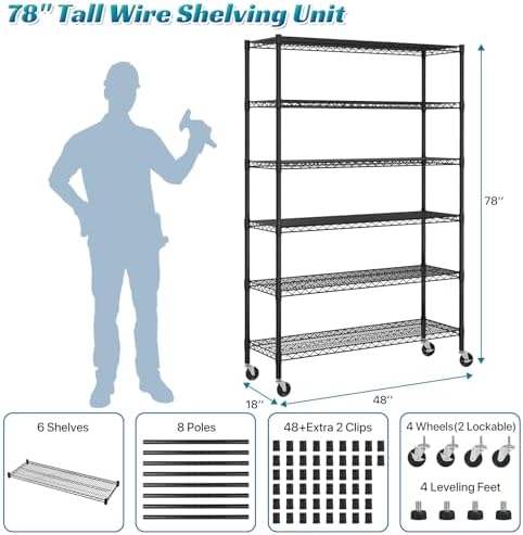 Dkeli 6-Tier Heavy Duty Commercial Shelving Unit - 6000lb Capacity Steel Wire...