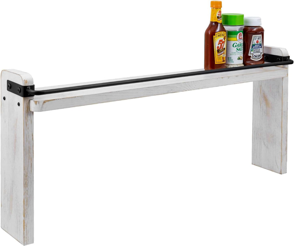 MyGift 33-Inch Stove Top Spice Shelf, Whitewashed Wood Black Metal Rack